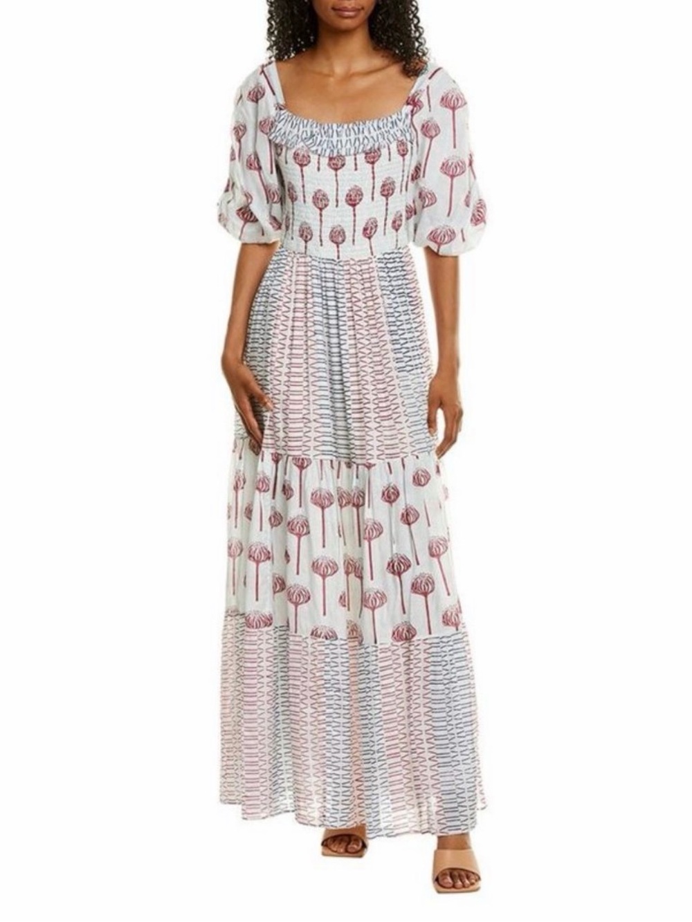 Ash & Eden Happy Maxi Dress - white background w/blue, teal & burgandy print